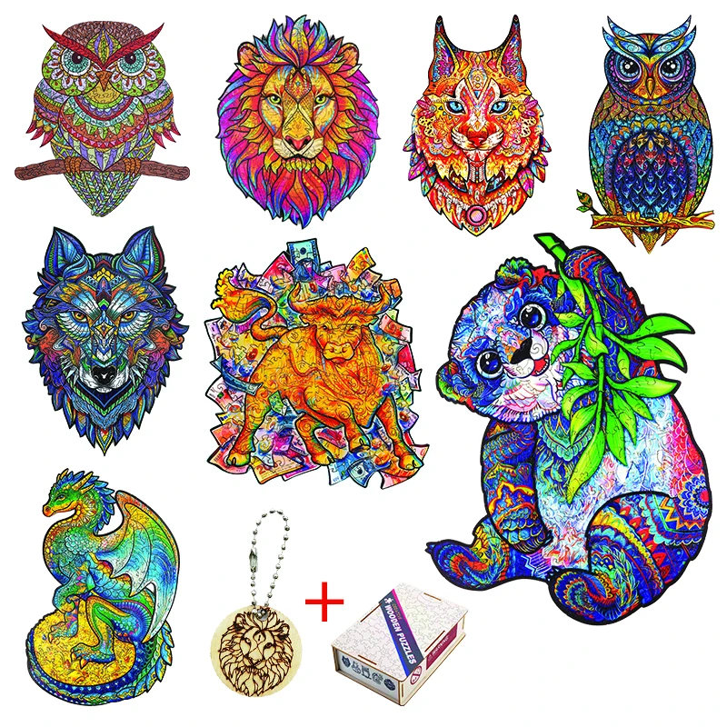 Wooden Animal Jigsaw Puzzle Owl Lion Panda DIY Wooden Puzzles For Adults Child Decompression Interactive Games Birthday Gifts