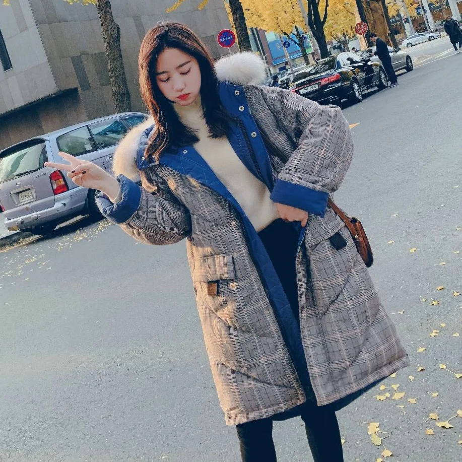 

Photo Shoot Main Push CHIC College Style Contrast Color Plaid Mid-length down Coat Hooded Large Fur Collar Cotton Coat Women's W
