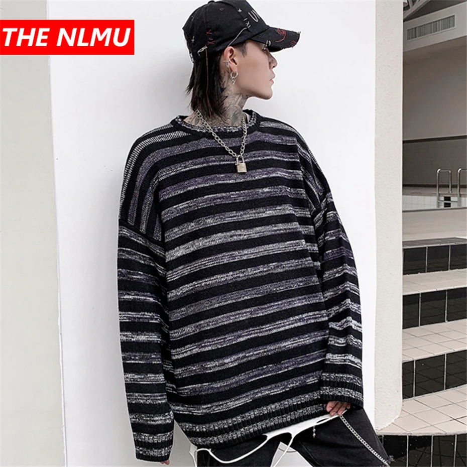 

Harajuku Vintage Stripe Knitted Sweaters Men Hip Hop Loose Pullover Sweater Streetwear Male Female Winter 2019 Clothing WG594