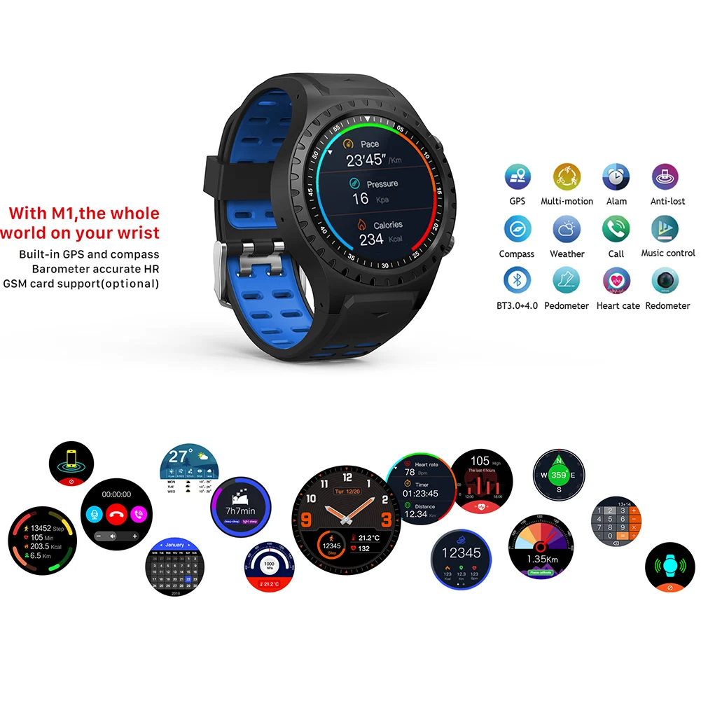 

M1 Bluetooth Fitness Smart Watch Children GPS Tracker Heart Rate Monitoring Temperature Pressure Detection Men's Sports Watch