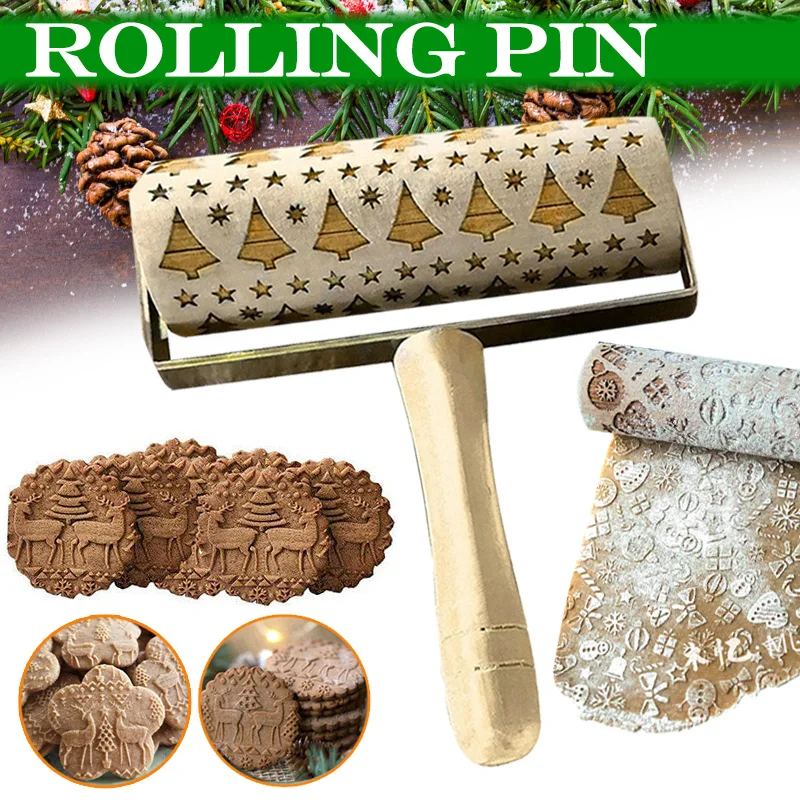 

Wooden Christmas Embossing Rolling Pin Engraved DIY Tools for Baking Cookie Kid DAG-ship