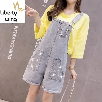 

Sweet Preppy Style Denim Women Overalls Diamond Frayed Ripped Wide Leg Short Jumpsuits Summer Fashion Playsuits Ladies