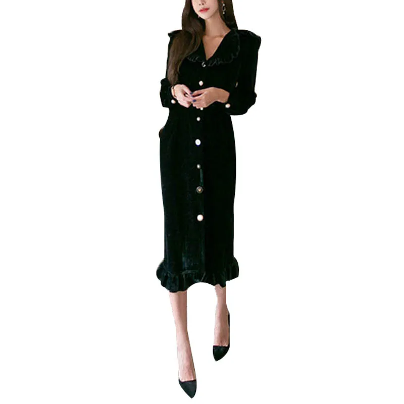 

NORMOV 2019 Women Vintage Dress Single Breasted Velvet Long Turn-Down Dress Winter Solid Color Ruffles Elegant Slim Dress Female