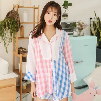 

Summer Color Matching Lattice Ladies Pajamas Set 2020 Comfortable and Cool Cotton Silk 3/4 Sleeve Shorts Loose Piyamas for Women