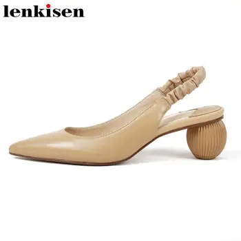 

Lenkisen full grain leather pointed toe strange med heel pleated elastic band simple style women sandals summer brand shoes L10