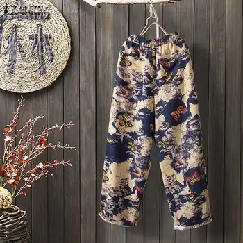 

ZANZEA Floral Printed Trousers 2020 Vintage Women's Pants Casual Loose Cotton Linen Wide Leg Pantalon Pockets Streetwear Bottoms