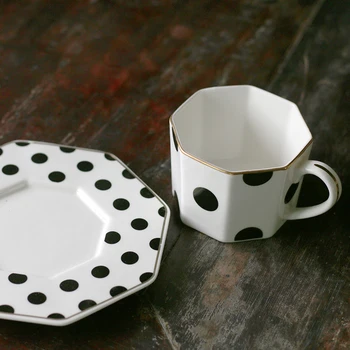 

Ceramic Octagonal Plate Black White Dot Stripe Tableware Coffee Plates Dishes Afternoon Tea Set Home Kitchen WY5
