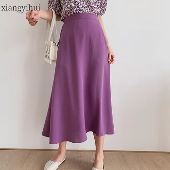 

Women Summer Elegant Skirt Temperament A Line Skirts New Fashion Korean Style Black Purple Long Skirts Ladies Clothing Bottoms