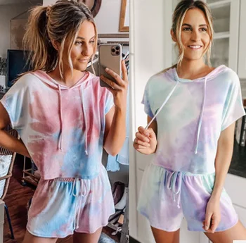 

AA Women's 2 Piece Pajamas Set, Tie Dye Printed Hoodie Pullover + Drawstring Shorts Set Loungewear