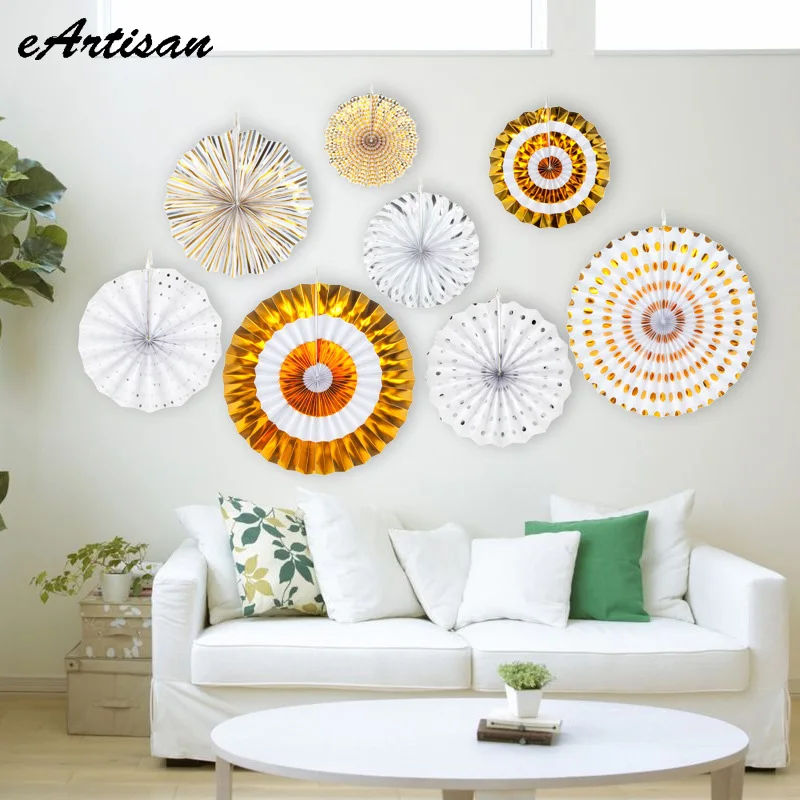 

8pcs/set Gold Stamping Blocking Paper Fans Wedding Birthday Party Decoration Hanging Dot Decor Pinwheel Bridal Shower Backdrop