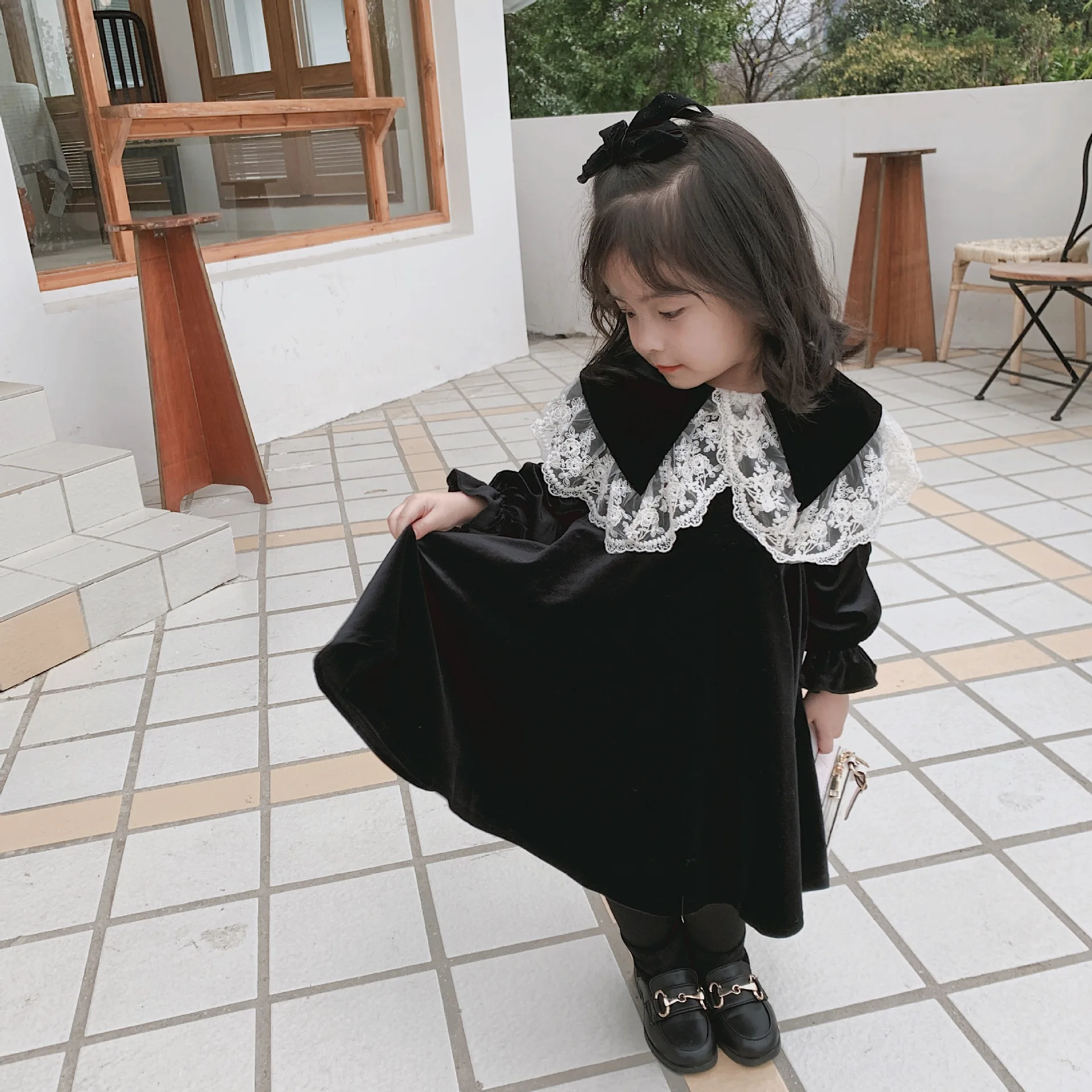 Winter Toddler Girls Dress Korean Princess Costume New Fashion Lace Turn Down Collar Plus Velvet Party Dress 1-7Yrs Kids Clothes