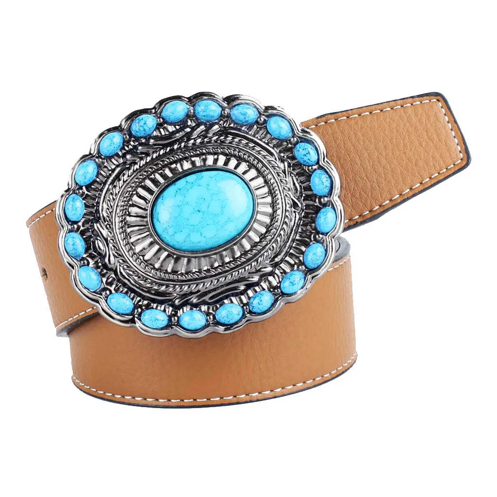Bohemian Western Cowboy PU Leather Strap Belt Gemstone Buckle Belt