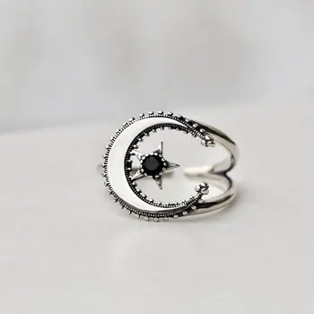 

2020 New S925 Sterling Silver Black Five-pointed Star Ring Fashion Women's Finger Ring Thailand Silver Do Old Retro Open Ring