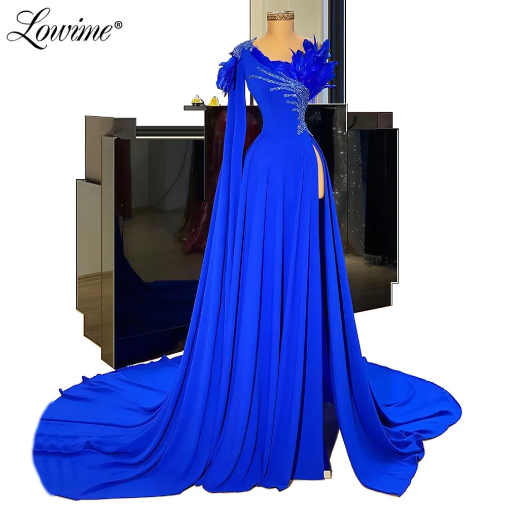

Royal Blue One Shoulder Evening Dresses Feather Beaded Arabic Islamic Dubai Formal Kaftans Robe De Soiree Prom Party Dress Gowns