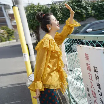 

WHITNEY WANG Blouses 2020 Spring Fashion Streetwear Polka Dot Ruffles Chiffon Blouse Women Blusas Lady Shirt Top