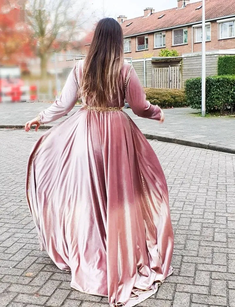Винтажные марокканские платья Caftans розовые вечерние женское бархатное платье с