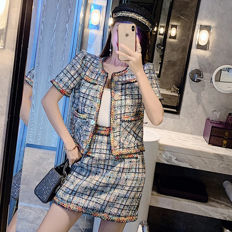 Autumn Tweed 2 Piece Set Suit Women Weave Plaid Button Pocket Short Jacket Coats+ Mini Pencil Skirt Set Two Piece Outfits