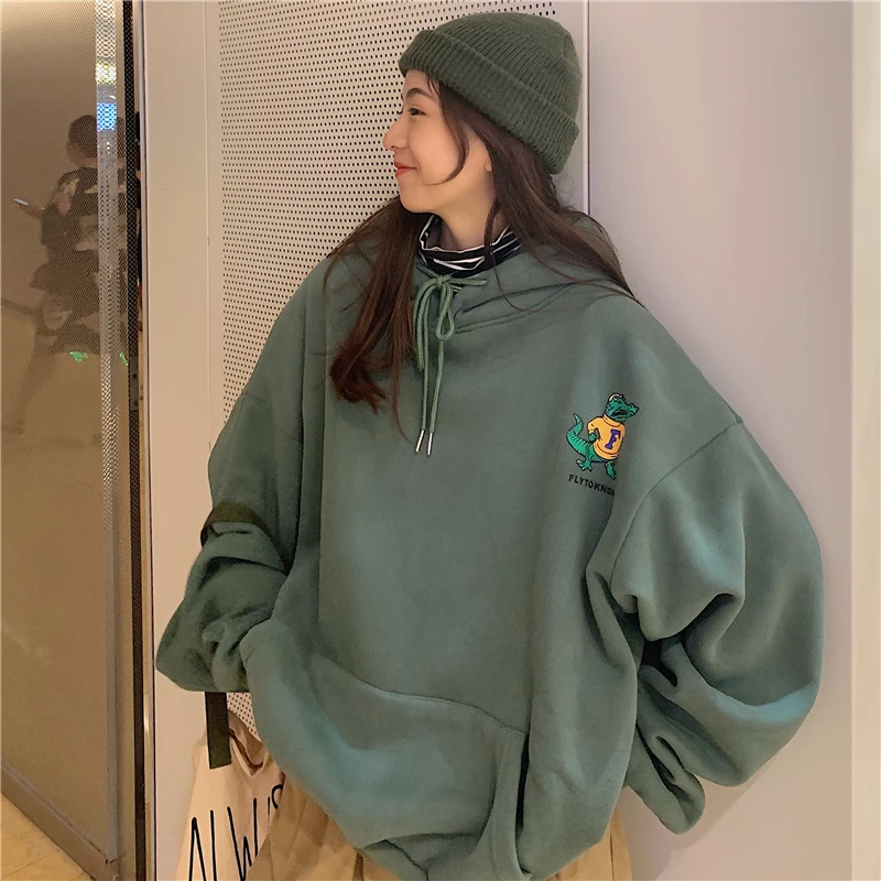 Женский свитер зима плюс бархат Харадзюку толстый свободный ins Корейская версия прилива Студенческая bf ленивая куртка с капюшоном - Цвет: Зеленый