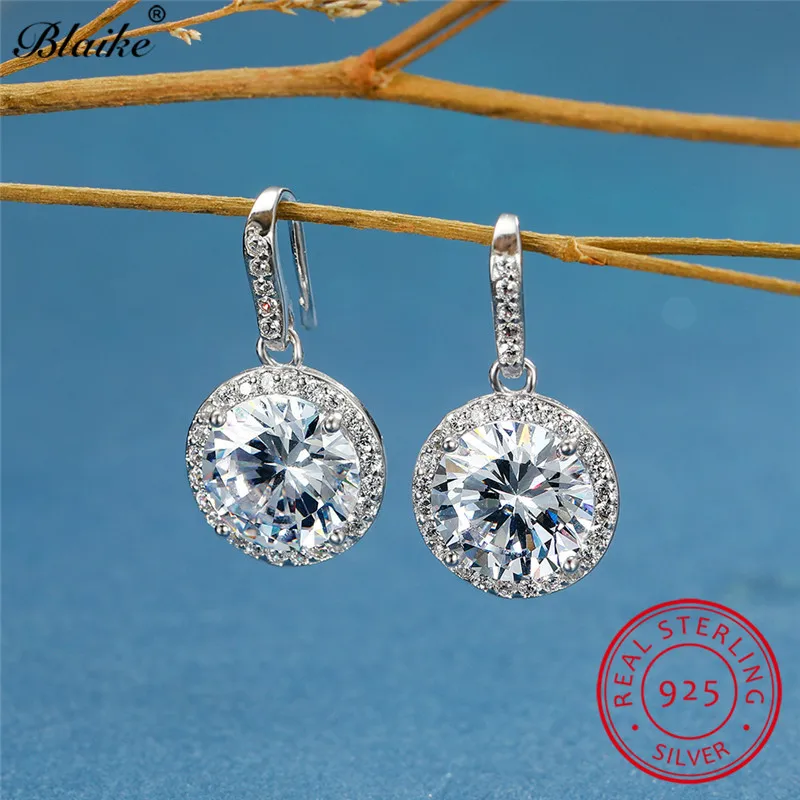 Серьги из настоящего 925 пробы, серебряные, круглые, с белым бриллиантом, свадебные серьги-гвоздики для женщин, чистый Сапфир, уши, хорошее ювелирное изделие