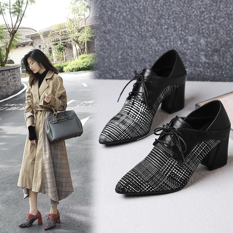 

2019 Spring New Style Ozhouzhan WOMEN'S Shoes Pointed-Toe Lace up Front Chunky-Heel Shoes Women's Plaid Stitching Genuine Leathe