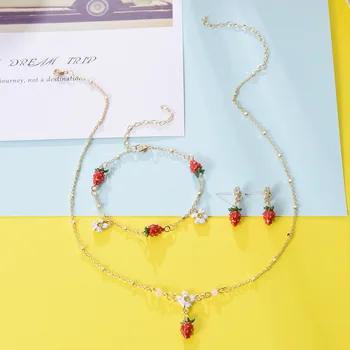 

3PCS Earrings Necklace Bracelet Set Accessories Simple Small Fresh Strawberry Exquisite Cute Fashion Trend Retro Party Birthday