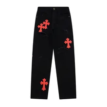 Pantalones vaqueros holgados de Estilo Vintage para Hombre y mujer, pantalón informal con bordado cruzado de cuero Pu, estilo Kanye West Kpop, Moda coreana