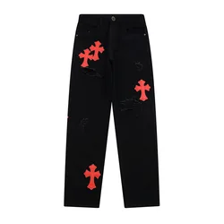 Pantalones vaqueros holgados de Estilo Vintage para Hombre y mujer, pantalón informal con bordado cruzado de cuero Pu, estilo Kanye West Kpop, Moda coreana
