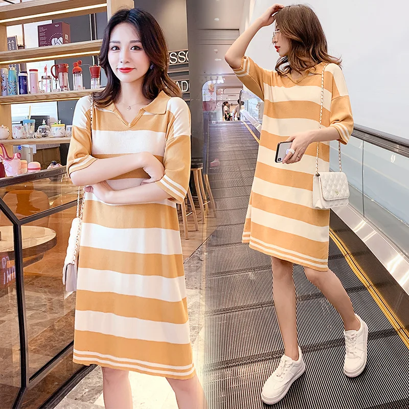 

Pregnant Women Summer Wear Dress 2019 New Style Fashion Models Fold-down Collar Horizontal Stripes Knitted Pregnant Mother-Skirt