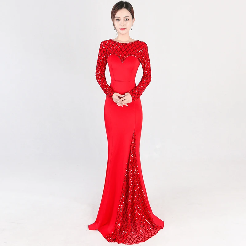 

Red Mermaid Evening Dresses Long Sleeve Vestido Longo Dourado Festa Party Dresses Gowns Robe De Soiree Grand Taille Longue 2020