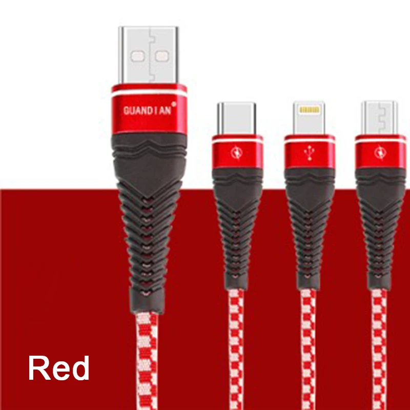 Red 1,2 м 3 в 1 USB кабель для передачи данных для мобильного телефона 3A Быстрая зарядка USB кабель для передачи данных синхронная Зарядка для IOS Android type-c Интерфейс - Цвет: Red