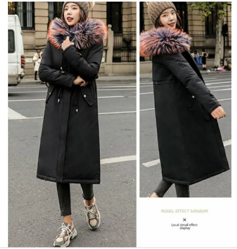 Manteau Femme hiver2019, модные длинные зимние парки для женщин, плюс размер 6xl, пальто с хлопковой подкладкой, с капюшоном, цветной меховой воротник, верхняя одежда 152