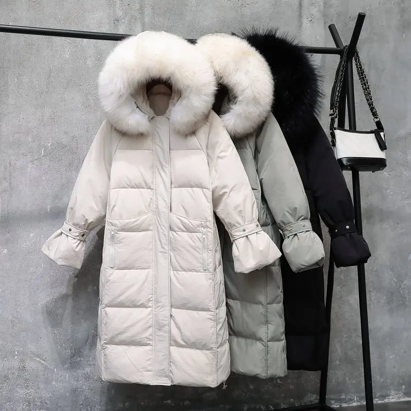 Зимняя куртка женская белая куртка-пуховик большой воротник из меха енота верхняя одежда ветронепроницаемое Свободное пальто толстый теплый пуховик Длинная парка