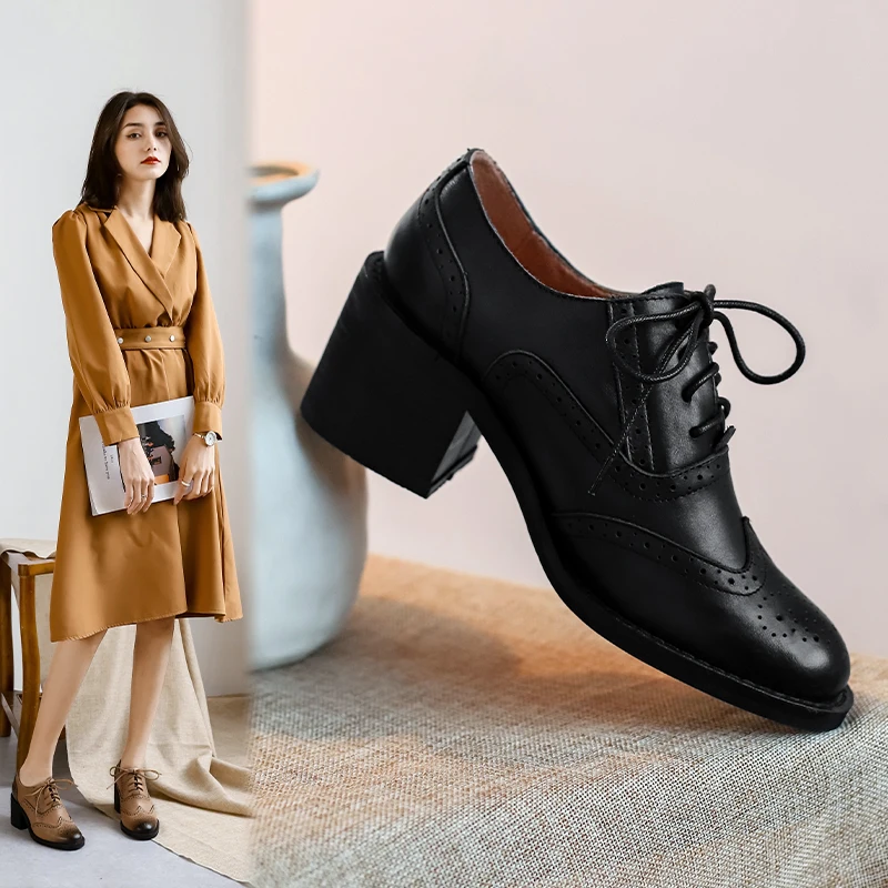 Women's Pump Shallow Brogue Shoe Vintage Chunky Heel Cut Out Oxford Shoes Woman Lace Up Female Fashion Elegant Ladies Short Boot