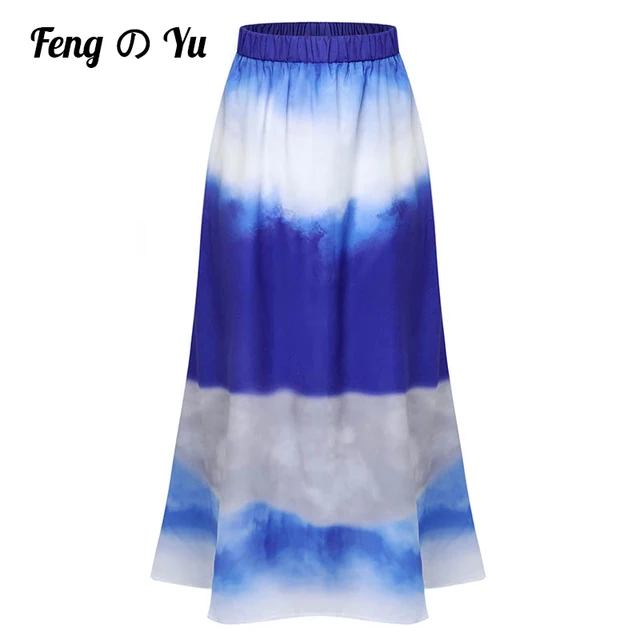 Fashion Bohemian Long Skirt Women's Elegant Holiday Summer Casual High Elastic Waist Skirt Floral Print Sea Blue Retro Skirt Light Blue