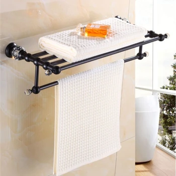 

Bathroom Accessories Set Brass & Crystal Towel Rack Toilet Brush Holder Paper Holder Soap Basket Copper Bath Hardware Set Black