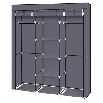 

69" Portable Clothes Closet Non-Woven Fabric Wardrobe Double Rod Storage Organizer Gray