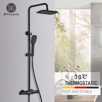 

Matte Black Rainfall Shower Faucet Set Thermostatic Shower Mixer Shower Multifunctional Bathroom Faucet Easy to install