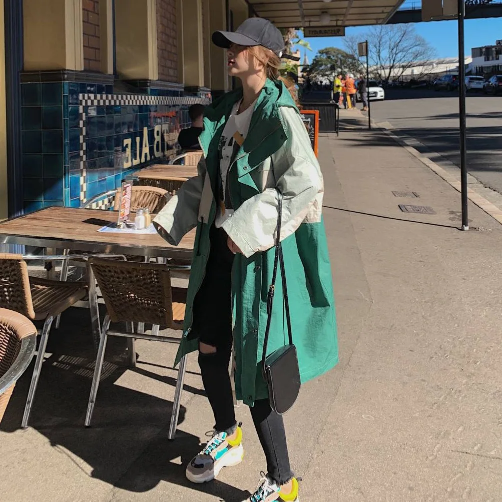 

Photo Shoot Harajuku Oversize Contrast Color Joint Hooded Loose-Fit Laziness BF Workwear Trench Coat Middle Long Coat Women's Au
