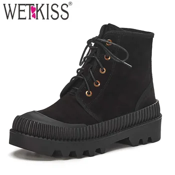 

WETKISS Genuien Leather Ankle Boots Women Army Platform Booties Lace Up Shoes Female Round Toe Shoes Ladies Winter 2020 New