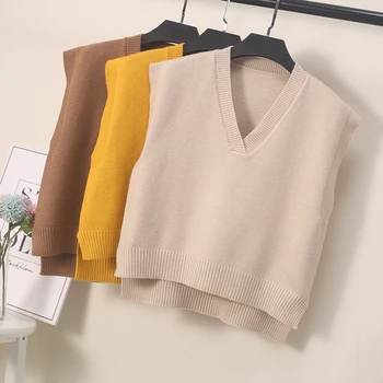 

2020 women knitted tops all match casual v-neck loose sweater sleeveless waistcoat pullover Korean style female outerwear