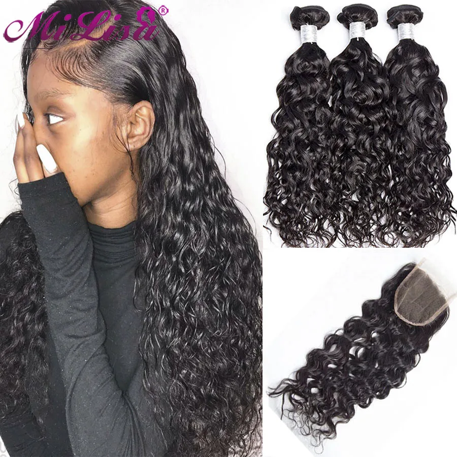 Weave Lace Closure Human-Hair Bundle-Deal Water-Wave Mi Lisa 10-30inch Brazilian 