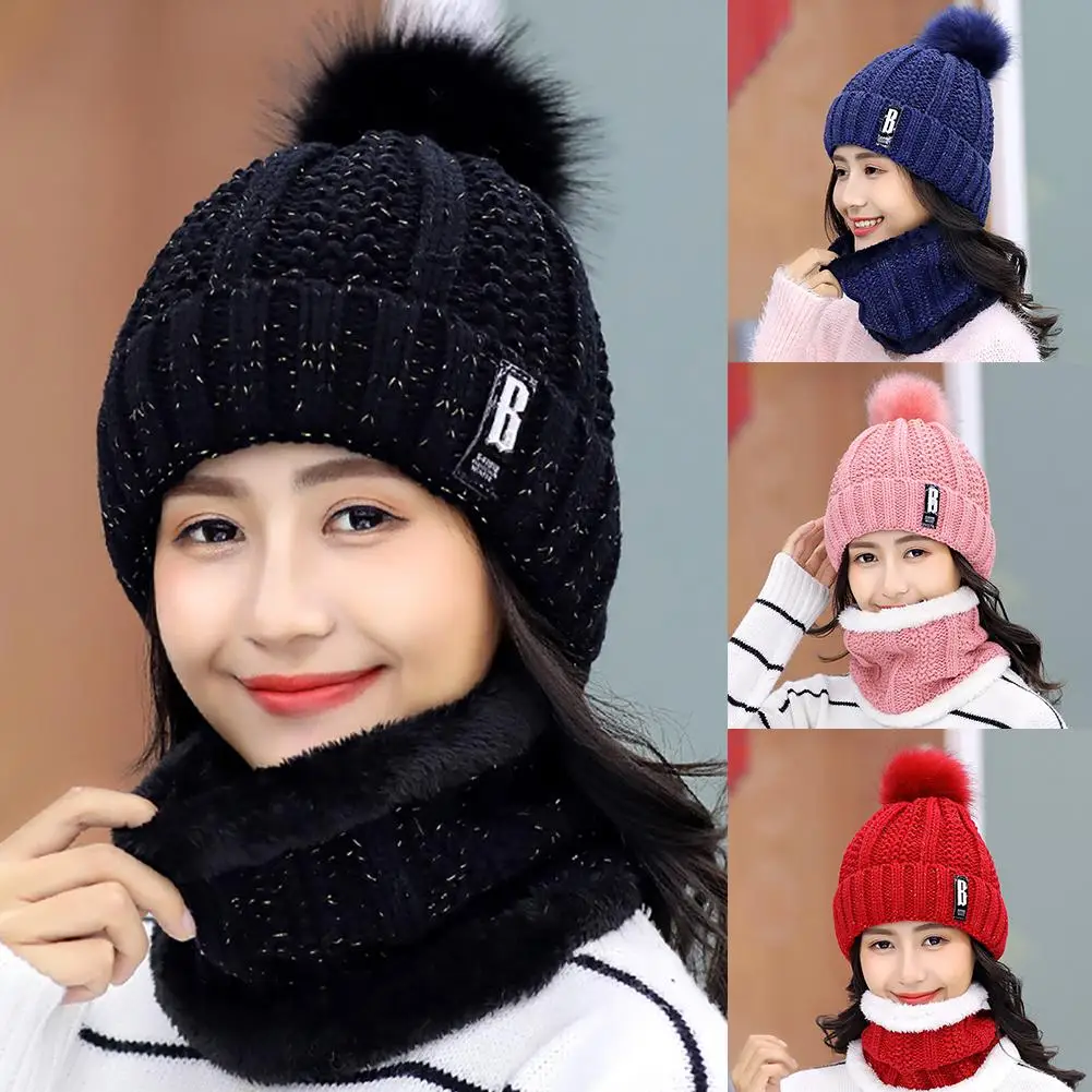 

Winter Women Thick Knitted Beanie Hat Plush Neck Gaiter Scarf Outdoor Riding Set