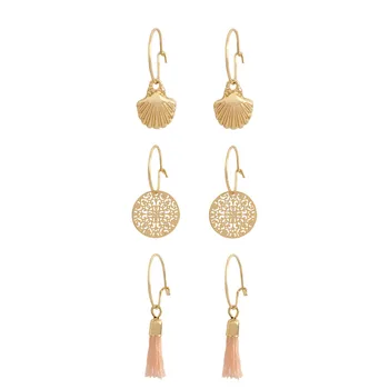 

New Trend Gold Color Plating Small Shell Peach Tassel Round Filigree Charm Thin Hoop 3 Pair Earrings Set For Women Girl Daily