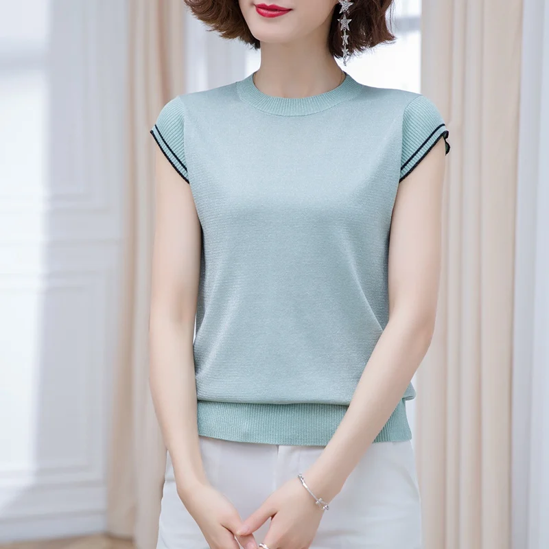 Summer fashion ice silk T-shirt women's versatile thin knitted small shirt short suit with underlay simple top | Женская одежда