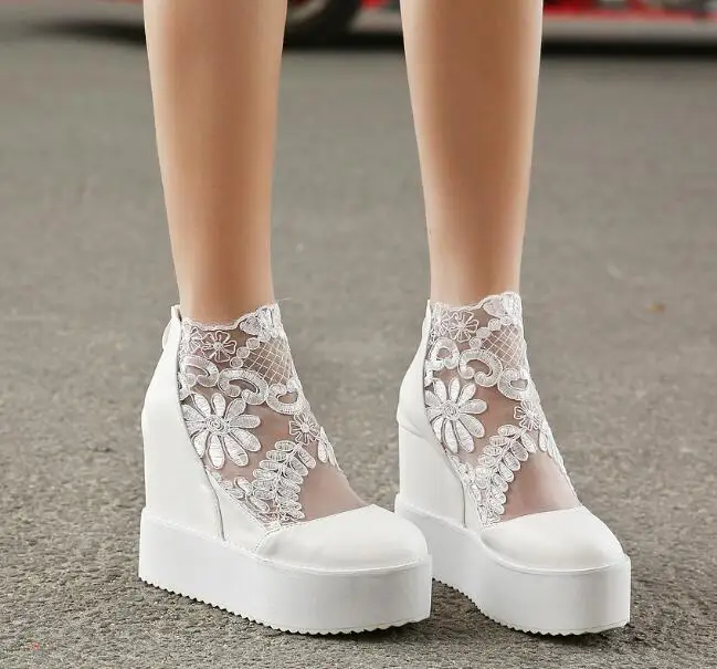 Black Hollow high heel Fashion Sweet Lace Roman Shoes Women Wedge Heels White Platform Pumps High Heels Non-slip thick bottom