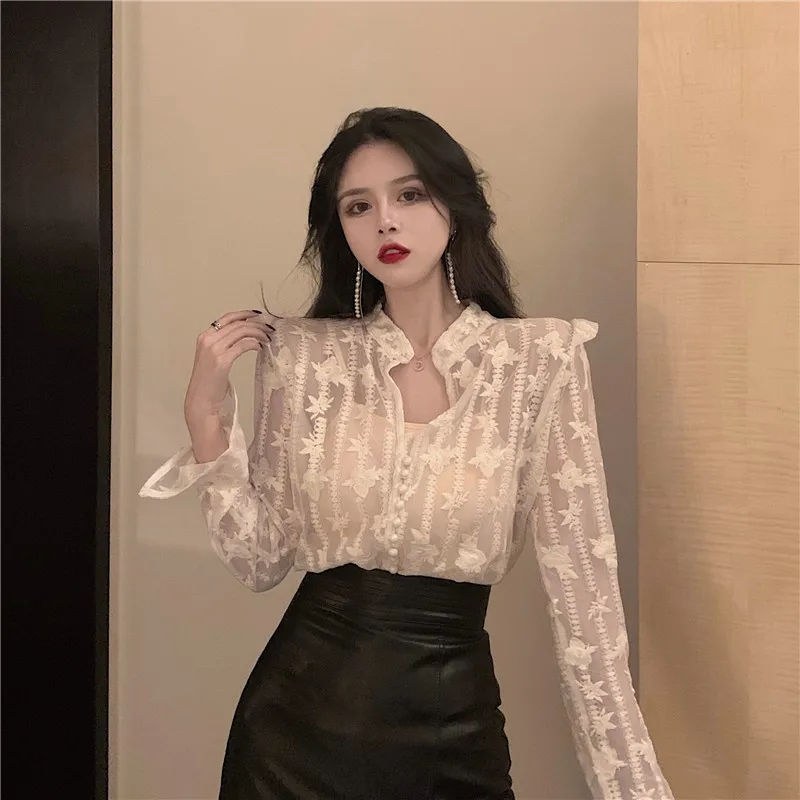 

GRUIICEEN Elegant Transparent Lace Women Blouses Button Long Sleeve Korean Blouse with indside Tops for Spring