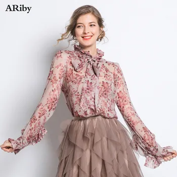

ARiby New Vintage Shirt Silk Printing Women Loose Plus Size Chiffon Blouses Ruffles Bow Collar Butterfly Puff Sleeve Shirts