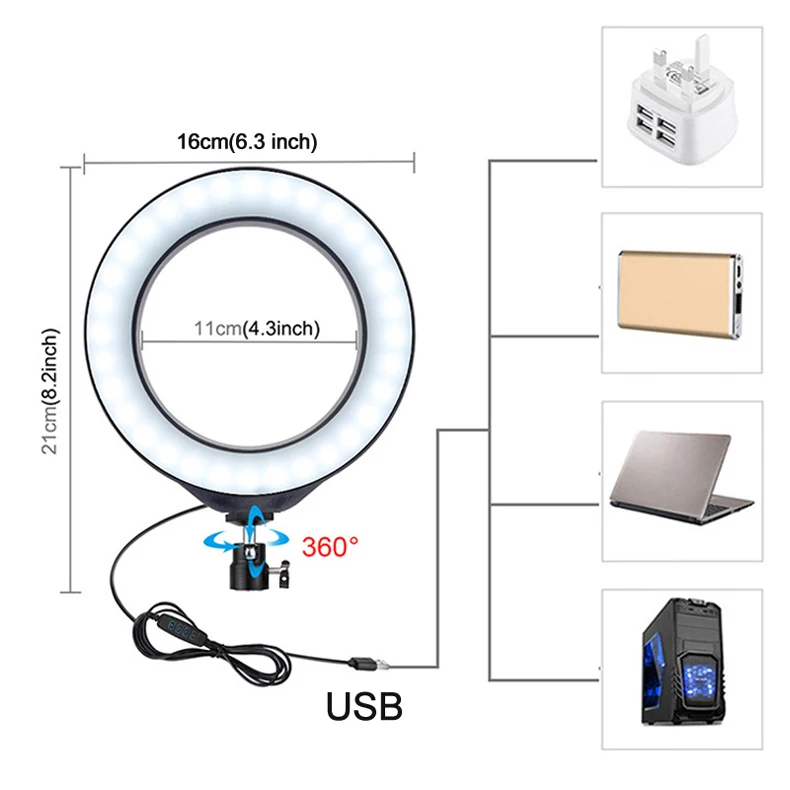 Кольцевой светильник для селфи, 16 см, светодиодный светильник для фотосъемки, вспышка, светильник с регулируемой яркостью, для макияжа, видео, для студии, штатив, USB разъем, зарядка