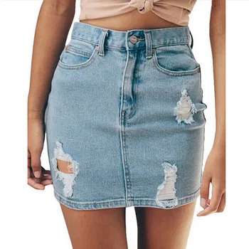 

Fashion Women's High Waist Denim Skirt Hole Denim Hole Bag Hip Skirt Slim Solid Color Denim Skirt