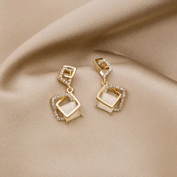 

925 Silver Geometry Square Earrings 2020 Korean-style Cat's Eye Stone Diamond Set Rhombus Elegant Trending Ear Stud Ear Stud